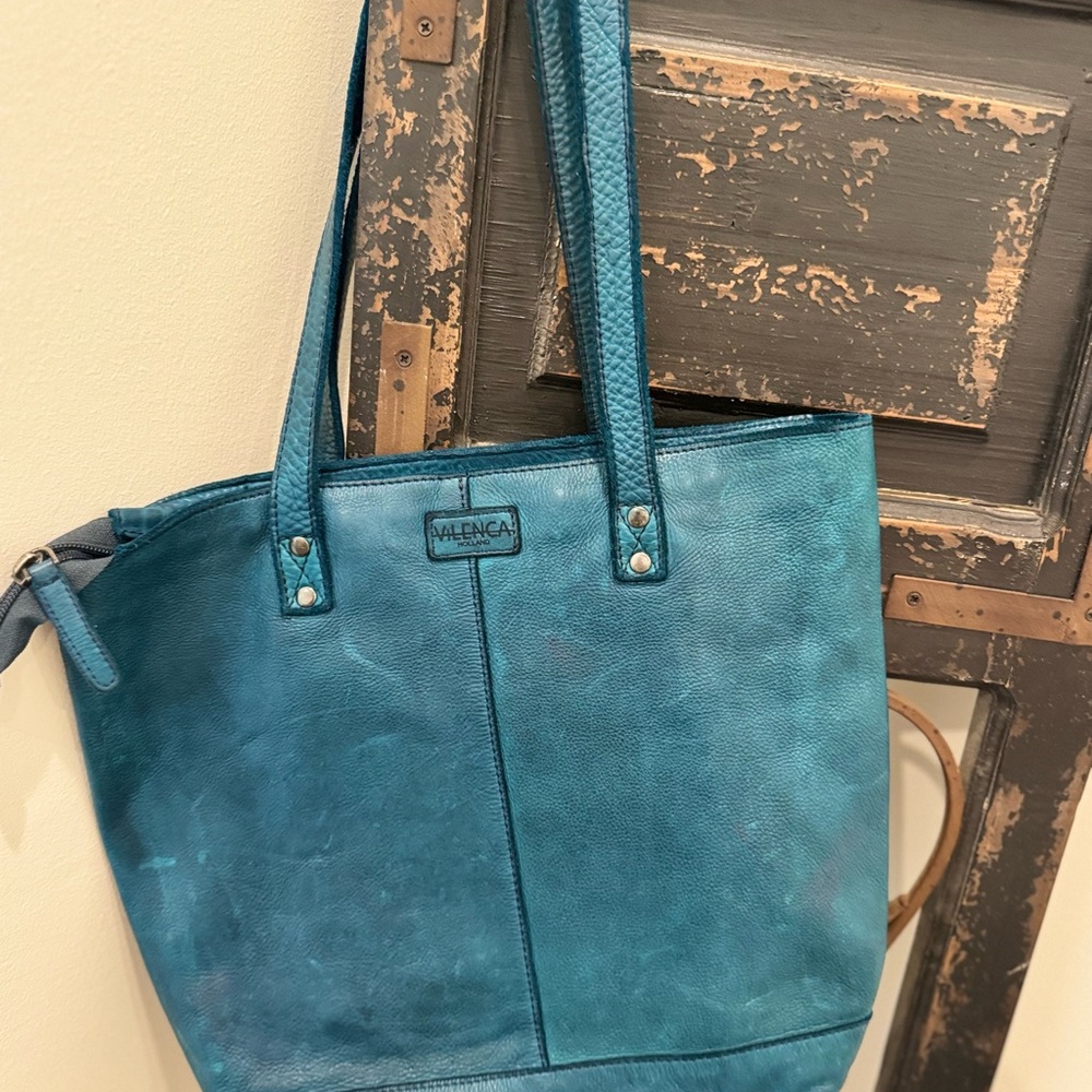 VILENCA HOLLAND Teal Green Genuine Leather Woven Tote Shoulder Bag Purse